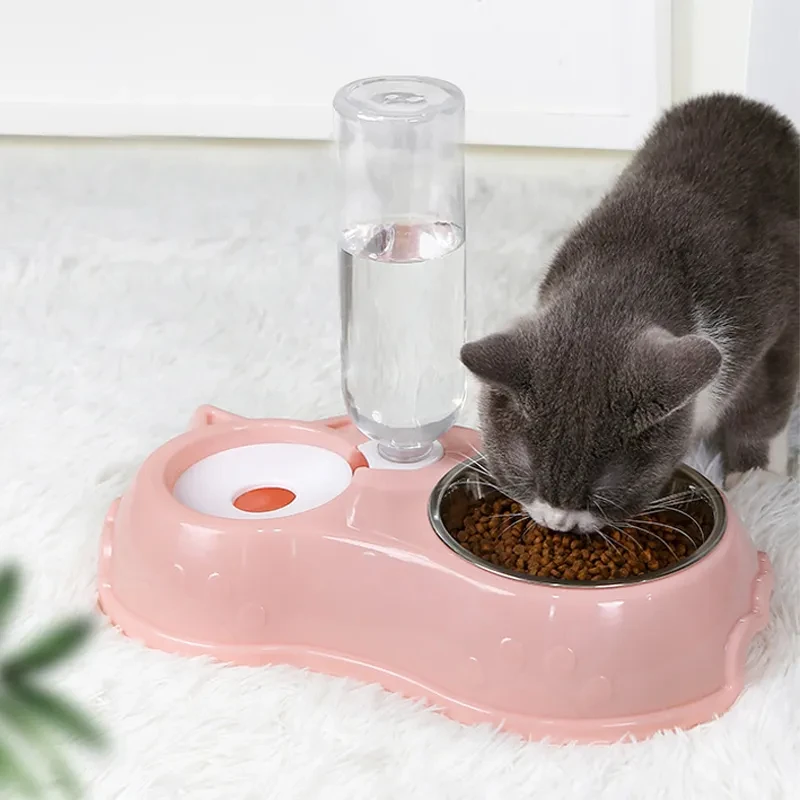 

Dog Bowl Cat Feeder Bowl With Dog Water Bottle Automatic Drinking Pet Bowl Cat Food Bowl Pet Stainless Steel Double Bowl
