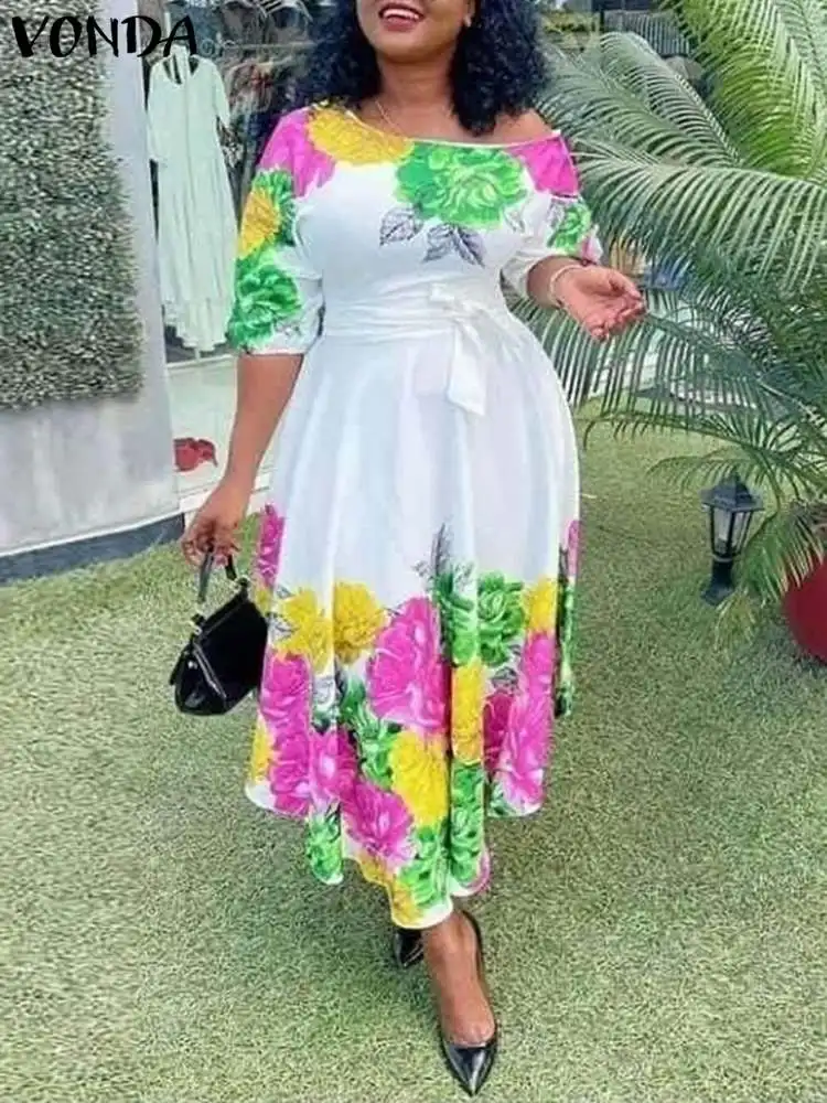 

Summer Off-Shoulde Holiday Dress 2022 VONDA Women High Waist Floral Printed Dress Beach Sundress Femme Robe Party Oversize