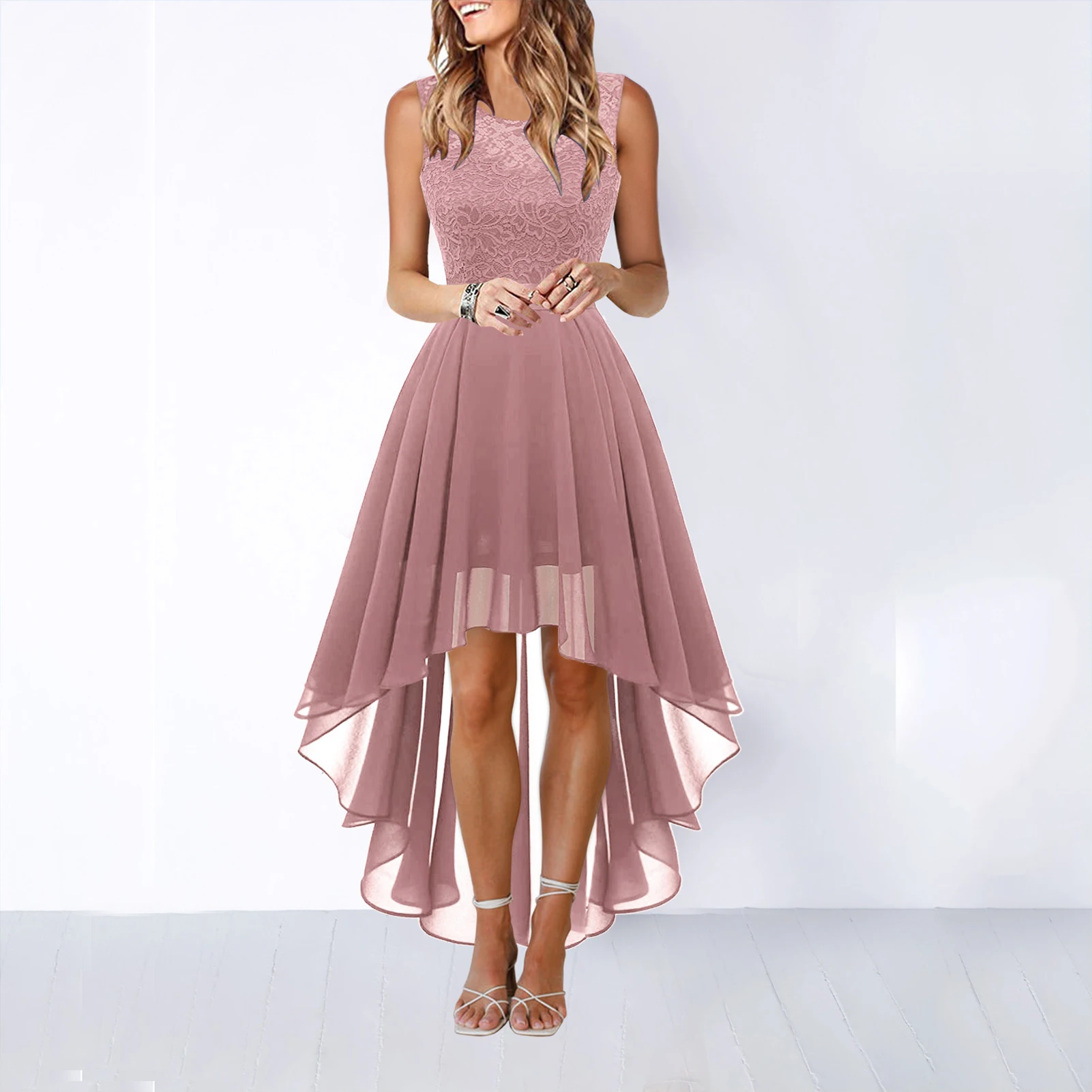 

Large Swing Chiffon Dress Lace Stitching Wedding Party Dress Sexy Elegant Hem Asymmetrical Casual Fashion Women Clubwear