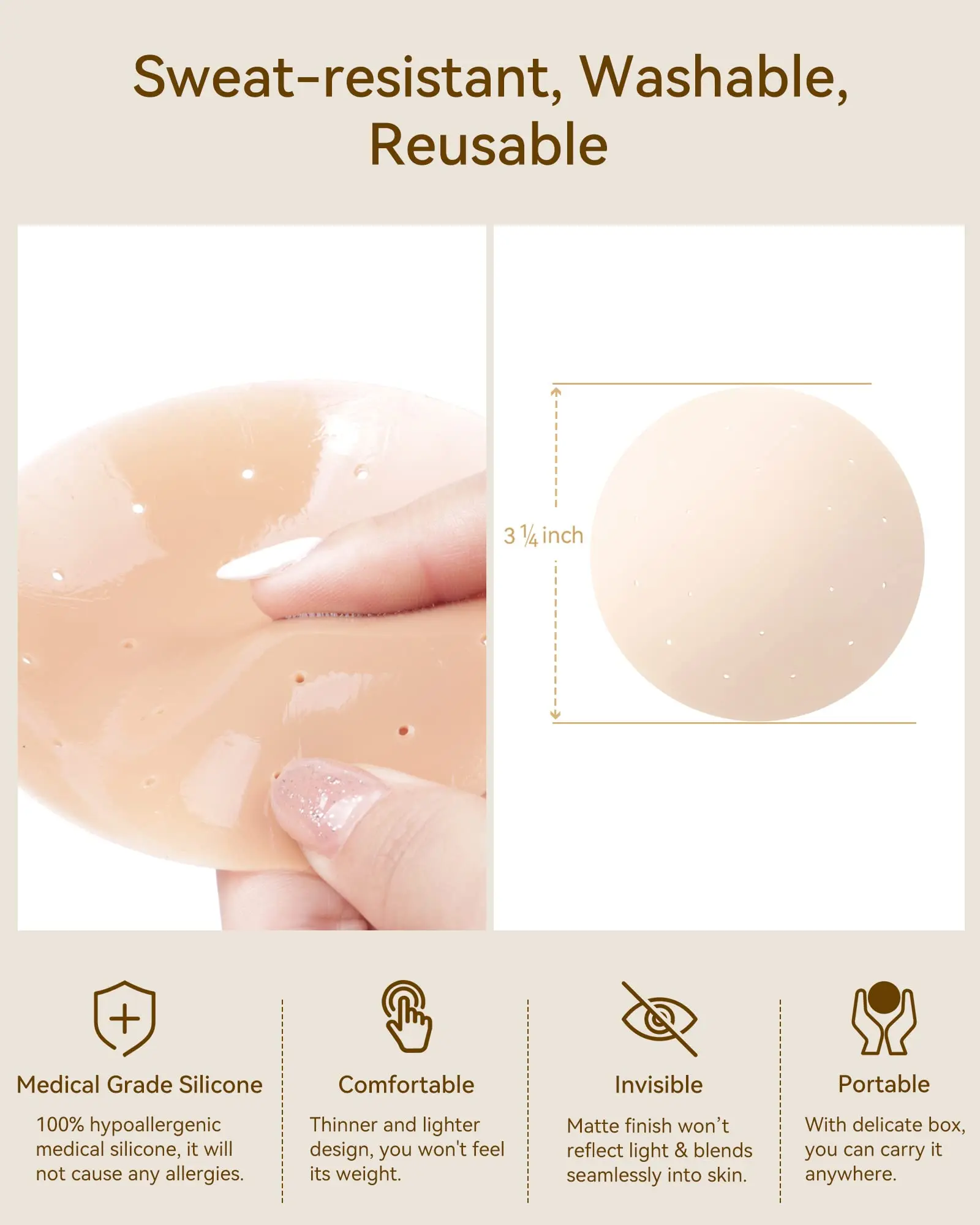 Niidor Ultrathin Breathable Silicone Nipple Covers Sticky Pasties for Women Adhesive Breast Skin Color Bra with Travel Box