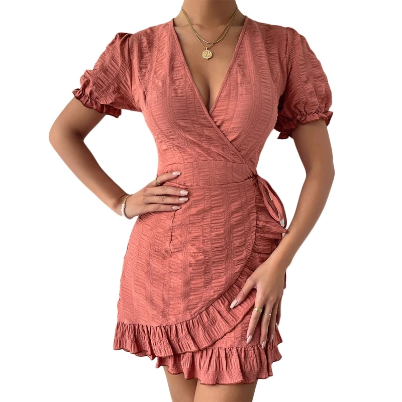 

896E женское летнее платье с пышными короткими рукавами, пикантное облегающее мини-платье с запахом и глубоким V-образным вырезом, однотонное ...