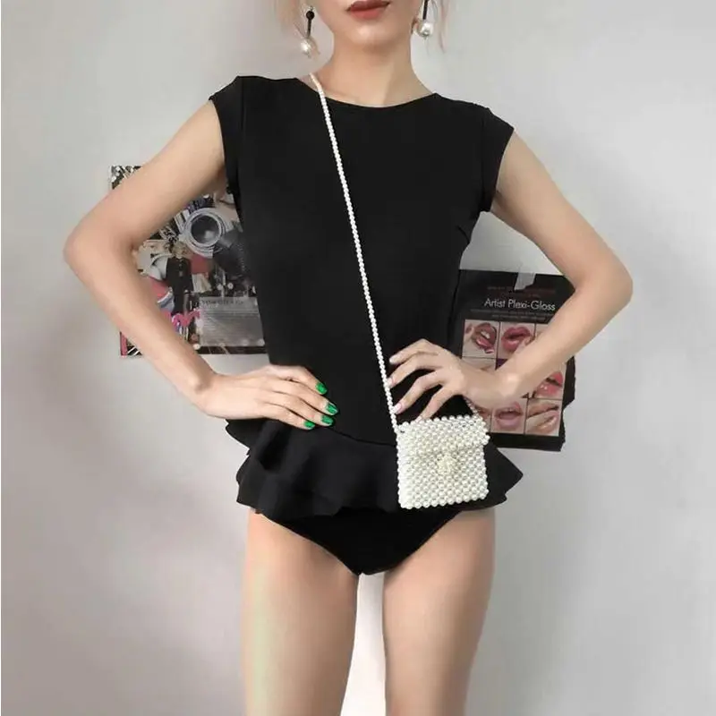 

Summer Aesthetic Sports Chic Minimalist Swimsuit Structured Sporty Sleeveless Round Collar Ruffles Solid Color Bikinis Women