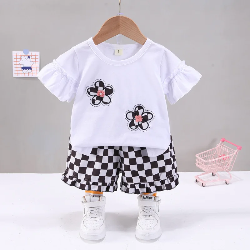 

2022 Summer Toddler Girls Plaid Flower Clothes Sets Baby Girls Petal Sleeve T-shirt+ Shortrs Casual Outfits Kids Tracksuit