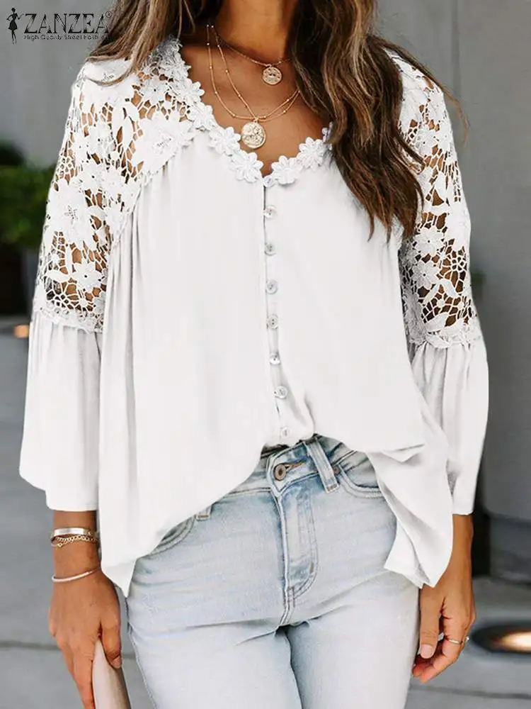 

Женская элегантная рубашка ZANZEA с V-образным вырезом и рукавом 3/4, летняя кружевная Лоскутная Блузка, сексуальные ажурные блузы, праздничная ...