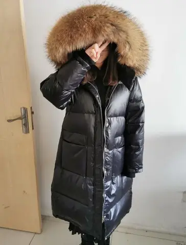Зимний женский черный пуховик, пальто с большим воротником из натурального Лисьего меха, женский пуховик, теплая длинная пуховая куртка, парка с воротником из енота