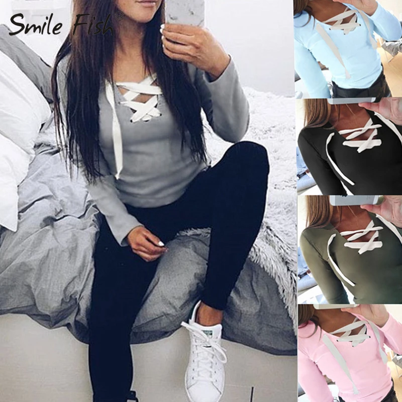 

5 Colors Women Tops Bandage T-Shirts Long Sleeve V-neck T Shirts Casual Sexy Ladies Tees Female camiseta feminina mujer GV371