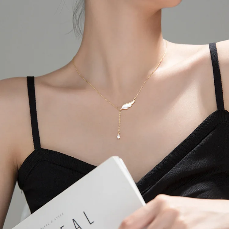 

925 silver shell Wing Necklace Gold light luxury water drop zircon clavicle chain Y-shaped tassel neck chain