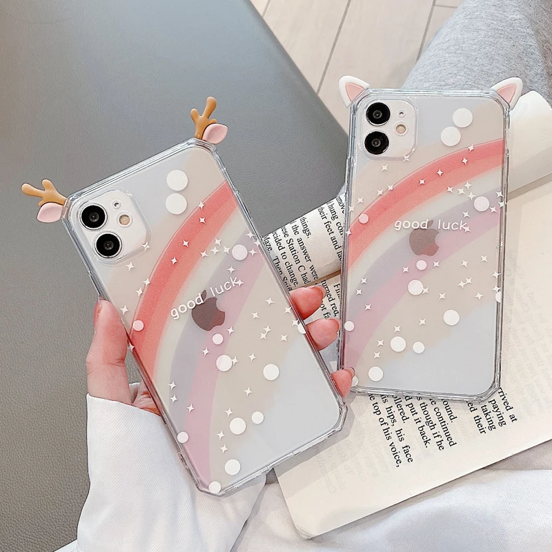 

Прозрачный чехол с 3D ушками животных для телефона iPhone 11 12 Pro Max 8 7 Plus X XS Max XR 11, милая задняя крышка с градиентом радуги
