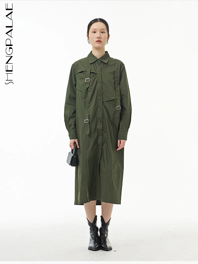 

SHENGPAIAE/2022 осеннее платье на завязках; Модное однотонное платье с длинными рукавами и одной грудью в повседневном стиле; 5W312