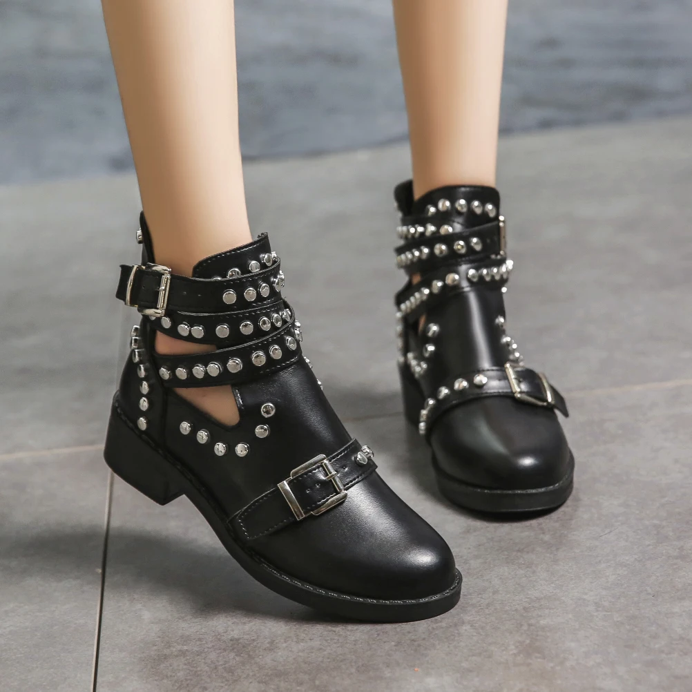

Women Ankle Boots Lady Sexy Punk Chains Rivets Leather Pointed Short Boots Fashion Rock Motorcycle Boots Party Nightclub Shoes