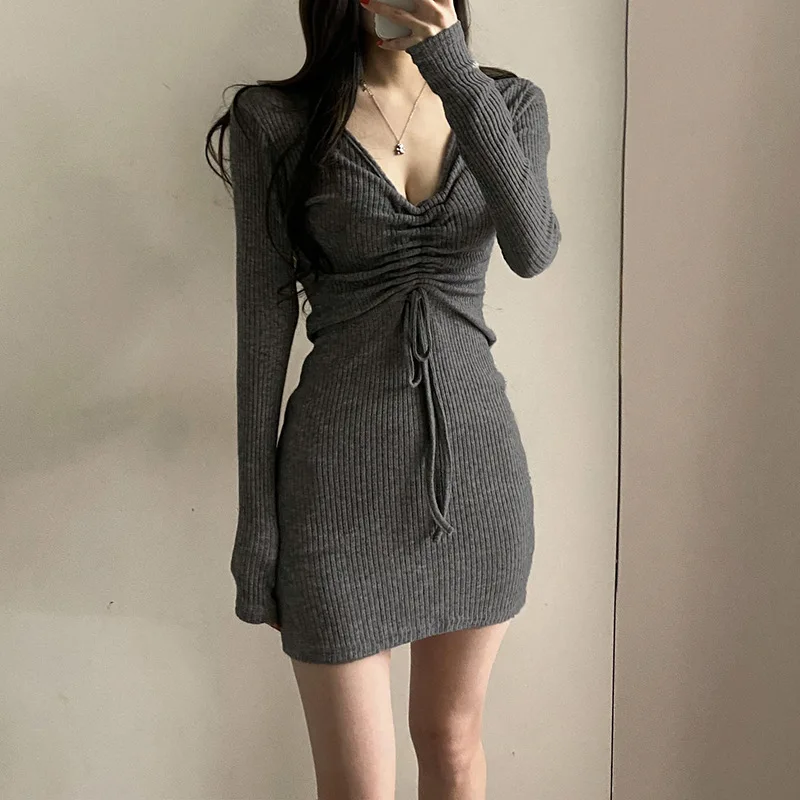

Solid Color Shirring V Neck Long Sleeve Women's Knitting Ribbing Dress 2022 New Sexy Low Cut Grey Slim Female Mini Evening Dress