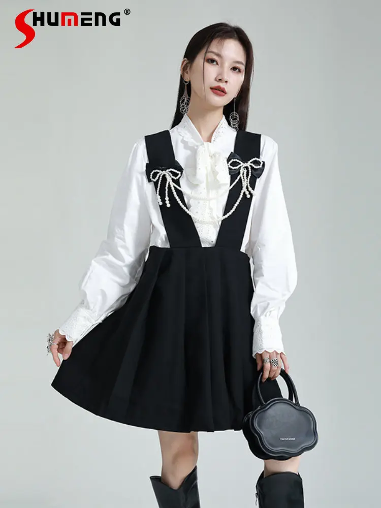 

Woman Pearl Black Mid-length Strap Dress 2023 Early Spring New Loose Woman Slimming Beaded Pleated A- Line Black Strap Dresses
