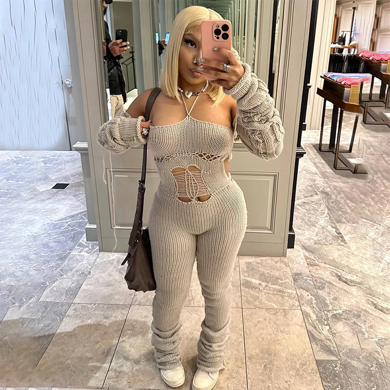 

Женский трикотажный комбинезон на завязках, Облегающий комбинезон с открытой спиной и брюками с рукавами-фонариками