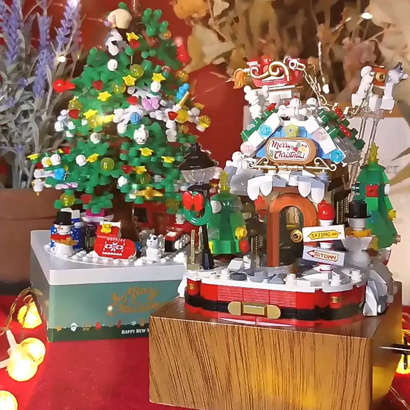 

Creative Christmas Hut Santa Claus Music Box Model Building Blocks Snowman Xmas Tree Mini Bricks DIY Toys For Kid Christmas Gift