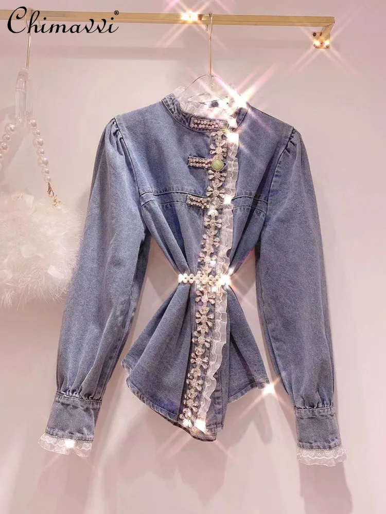 

Denim Shirt for Women 2022 Spring New Korean Fashion Sweet Heavy Beads Rhinestone Lace Patchwork Long-sleeve Blouse All-match