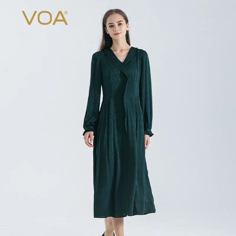 

VOA 22 Momme Jacquard Silk Peacock Green Lotus Leaf Lace Peach V-neck Dresses Women Long Sleeve Slim Office Ladies Dress AE1773