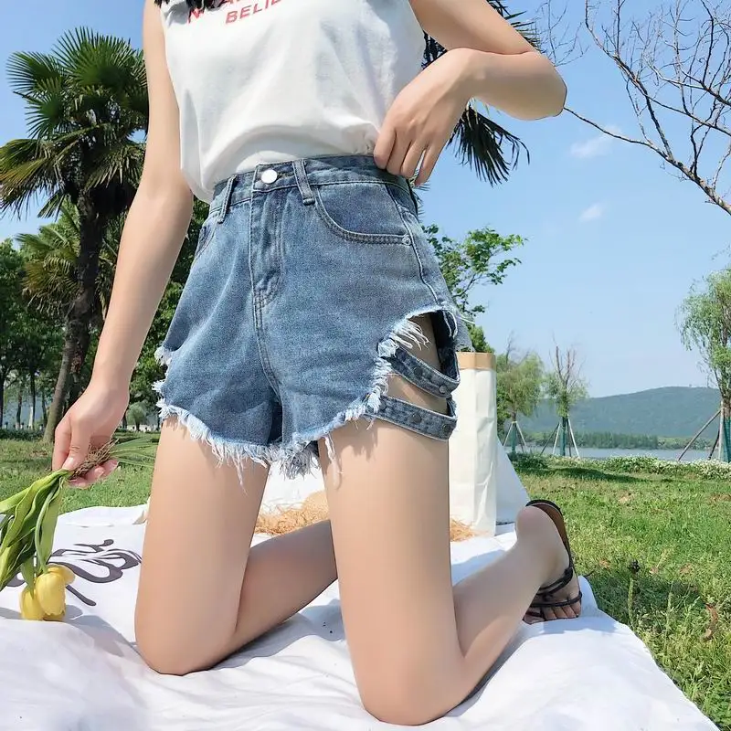 High Cut Sexy Short Jeans Women Black Blue Harajuku Fashion Buckle High Waist Denim Shorts Wide Leg Casual Streetwear Female
