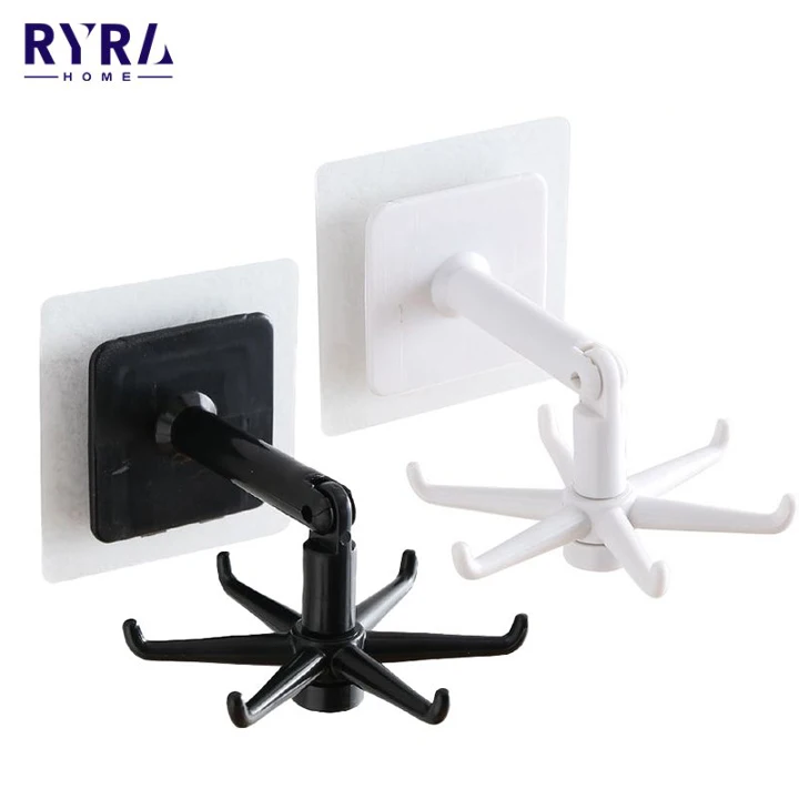 

360 Degrees Rotated Kitchen Hooks Self Adhesive 6 Hooks Multi-Purpose Wall Door Hook Handbag Clothes Ties Bag Home Hanging Rack