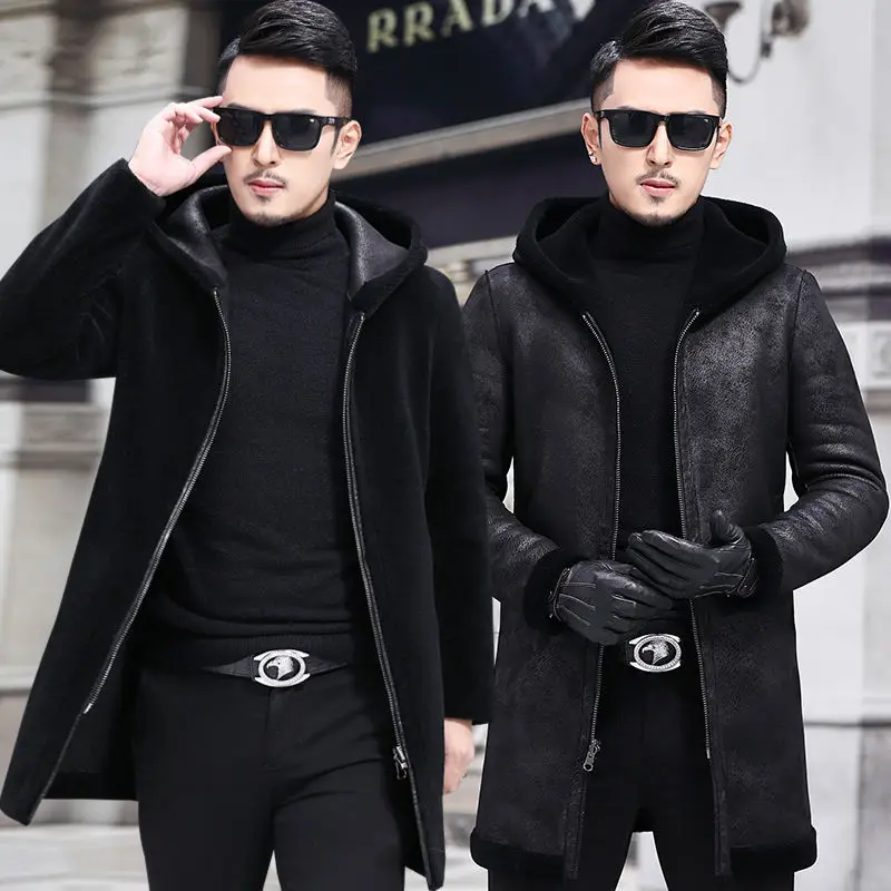 Мужская куртка из овечьей шерсти повседневное пальто с капюшоном натуральной