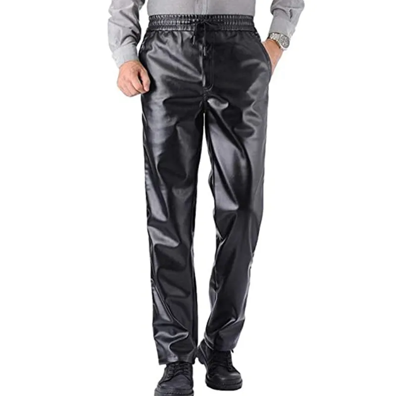 

Men`s Elastic Waist Drawstring Business PU Faux Leather Pants Trousers 2022 New Men's Pants Trousers For Men