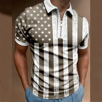 2022 new summer casual men stripe print short sleeve polo shirts tops spring fashion zipper patchwork turn down collar polo men