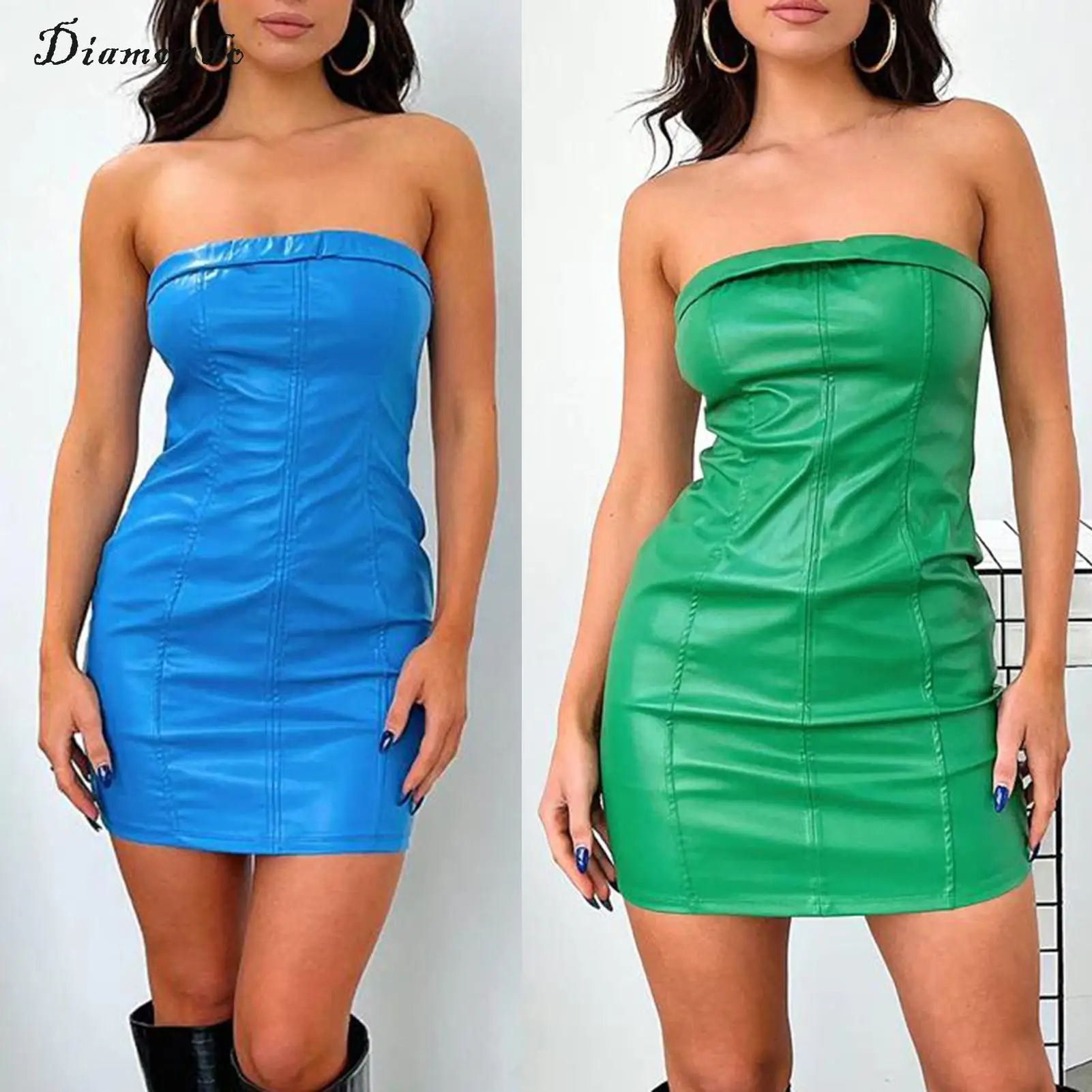 

Женское мини-платье из ПУ кожи, с открытыми плечами, без бретелек