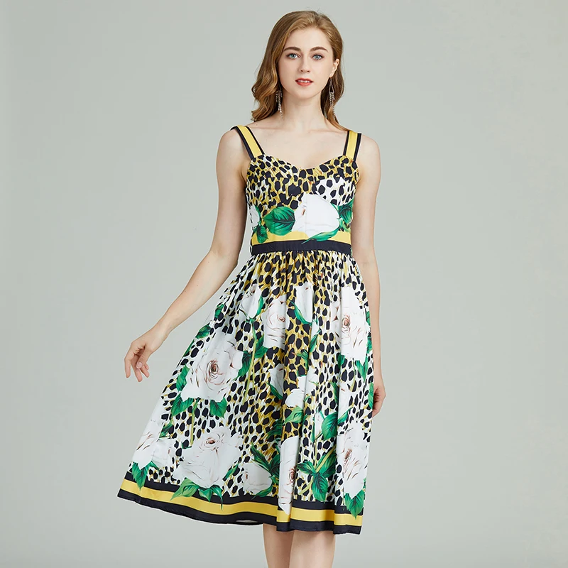 

2023 New Summer Women Sexy Backless Strap Dress High Quality Vintage Leopard Flowers Print Beach Vacation Dress