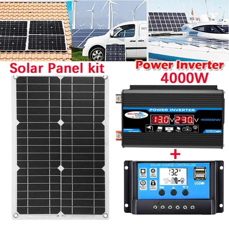 Solar Panel Kit Complete Dual USB 4000W Modified Sine Wave Inverter 12V To 220V Home Solar Power System with Solar Controller