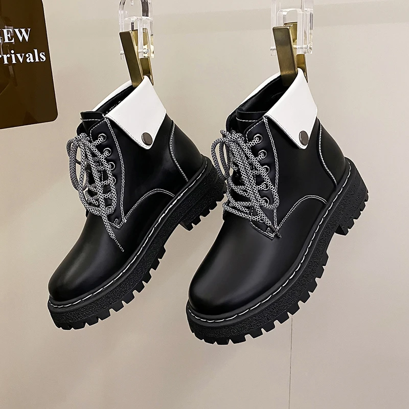 Winter Women's Ankle Boots Platform Boots Soft Leather Women Comfortable Mid Heel Women's Boots Fashion Round Boots Botas Mujer