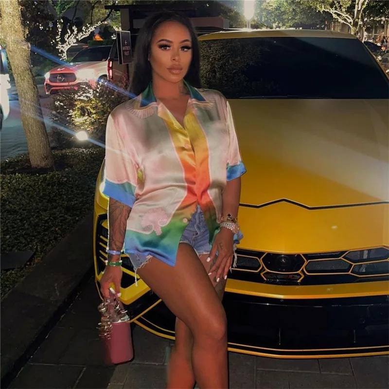 

Casual Gradient Panelled Print Shirt Women Hipster Turn-down Collar Short Sleeve Summer Button Loose Tees Lady Street Tops