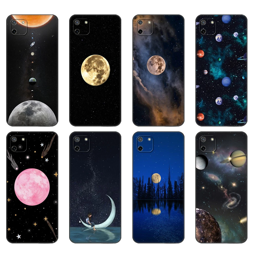 

Black tpu Case For OPPO Realme C11 Case For Realme C 11 RealmeC11 Back RMX2185 Case Cover Bumper Space Love Moon