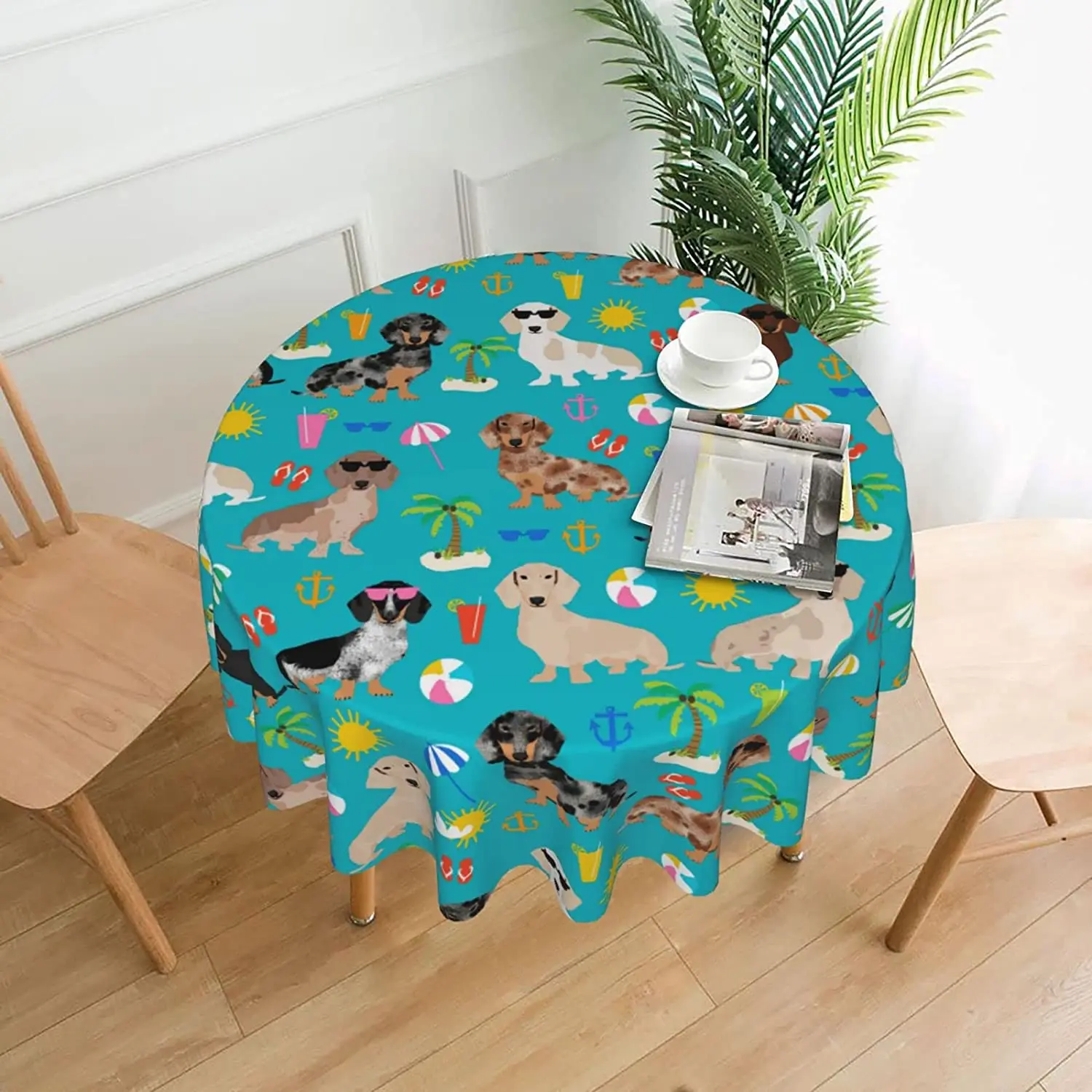 

Waterproof Round Tablecloth,Dachshund Dog Bento Printed Plastic Tablecloth, Washable Outdoor Decorative Tablecloth 60in