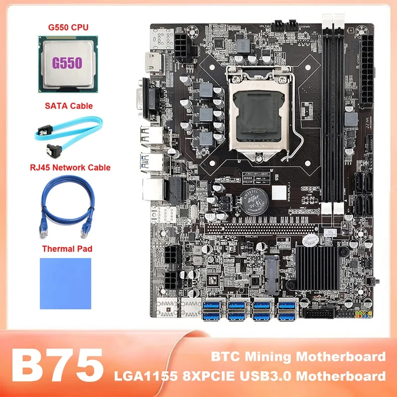 1Set LGA1155 B75 BTC Mining Motherboard Motherboard With G550 CPU+SATA Cable+RJ45 Network Cable+Thermal Pad