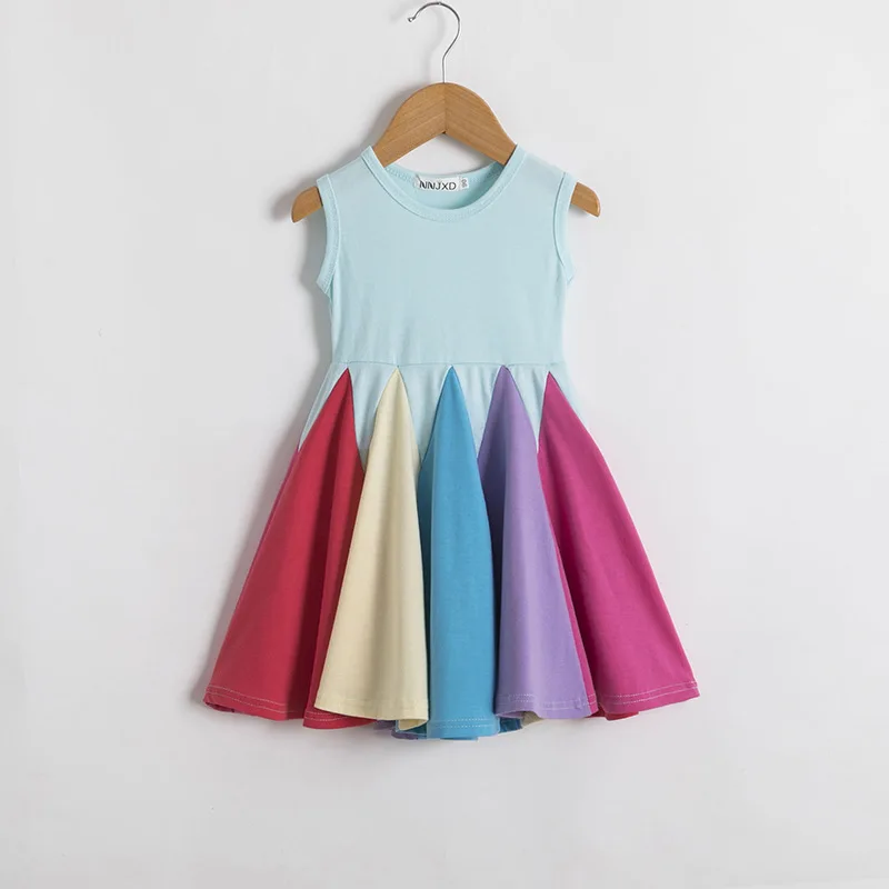 

New Summer 2021 Girls Dresses Cotton Sleeveless O Neck Stitched Cute Streetwear Dresses 2-7 Years