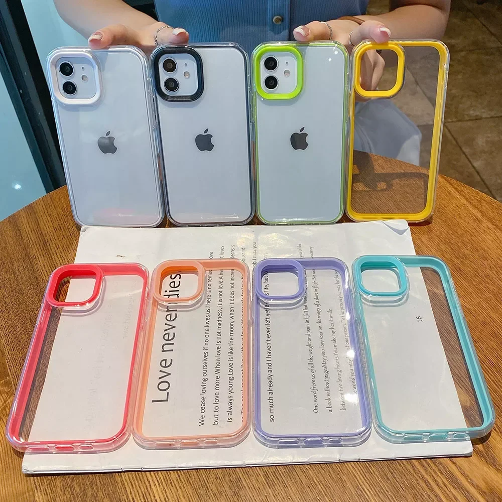

3 in 1 Shockproof Bumper Transparent Phone Case For iPhone 11 Pro Max 12 Pro XS Max XR X 7 8 Plus Soft Simple Solid Color Cover