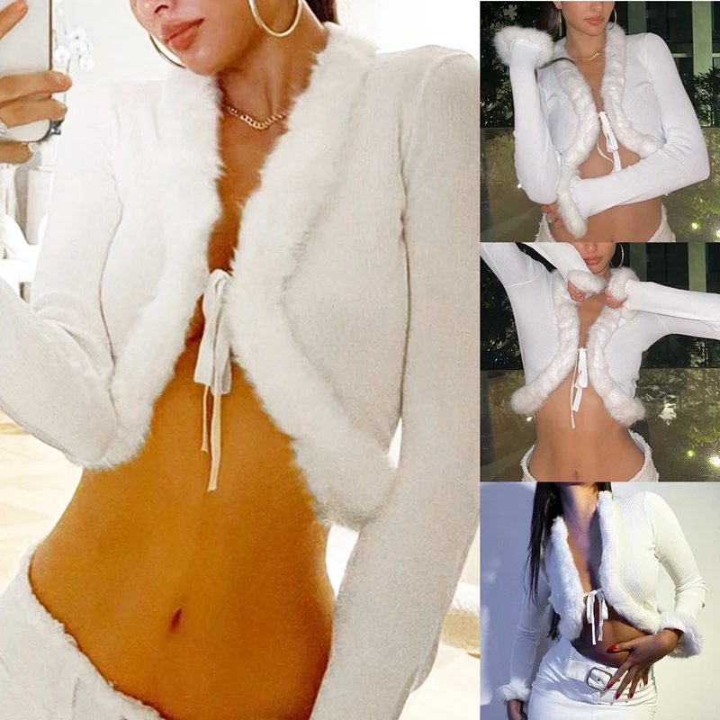 

NEW-Y2K Feather Collar Short Outerwear Knit Women Winter Cardigans Casual Elegant Vintage Crop Jacket Single Button White