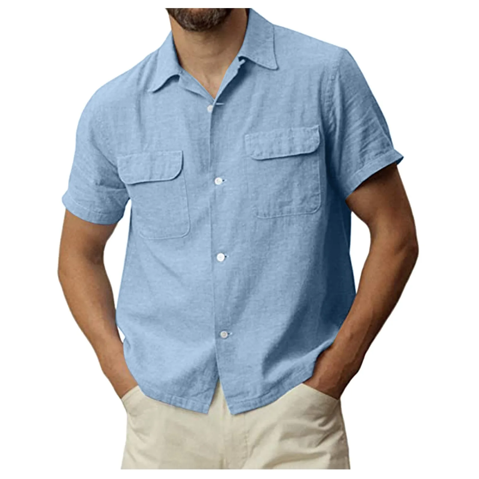 

Mock Neck Men Fashion Casual Top Shirts Solid Color Pocket Single Breasted Shirt Blue Sport Mens Shirts