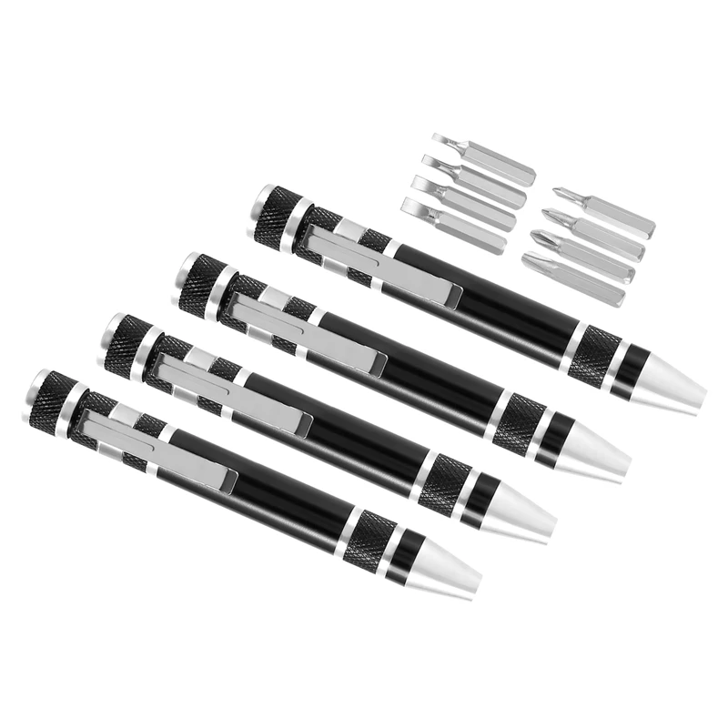 

4 Pcs Pen Screwdriver Handy Tool 8 In 1 Magnetic Pocket Screwdriver Multi-Function Mini Gadgets Repair Tools (Black)