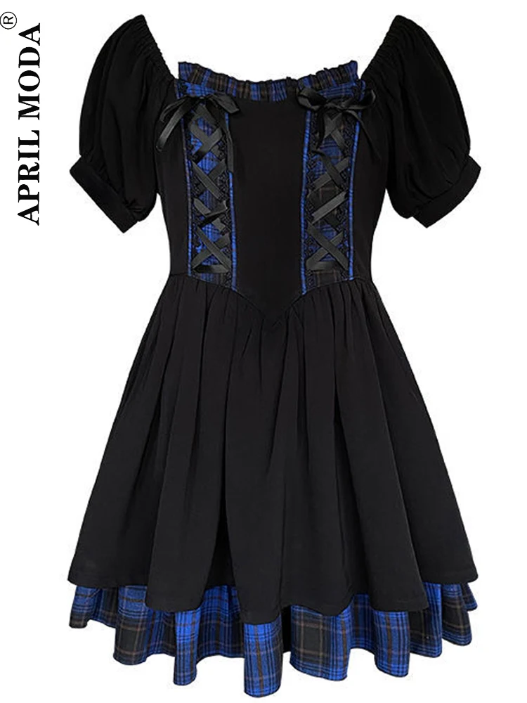 

Dark Lolita Gothic Vintage Plaid Mini Dress Aesthetic Punk Hight Waist Ruffle Y2K Japanese Dresses Fairy Grunge Partyclub Jurken