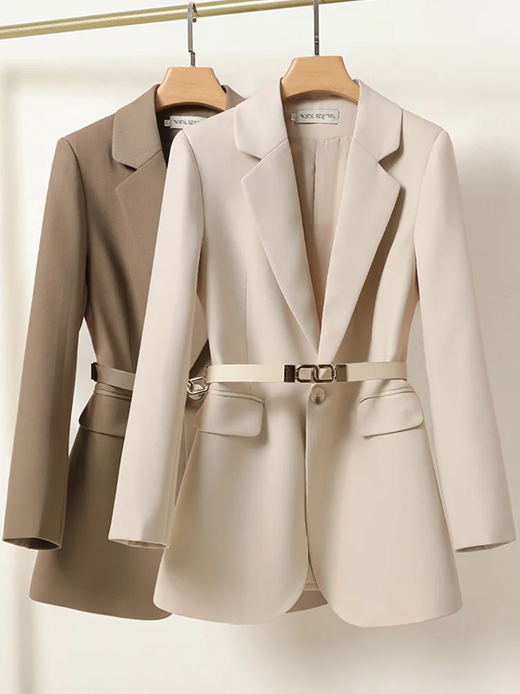 

FTLZZ Spring Autumn Elegant Women Notched Collar Single Breasted Blazer Office Lady Long Sleeve Solid Blazer Coat with Belt