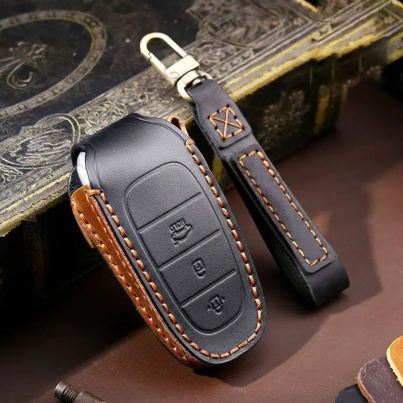 

Leather Car Key Case Cover Fob Holder for Hyundai Tucson L 5th 2021 Encino Solaris Sonata Hybrid NEXO NX4 Santafe Dn8 4 Buttons