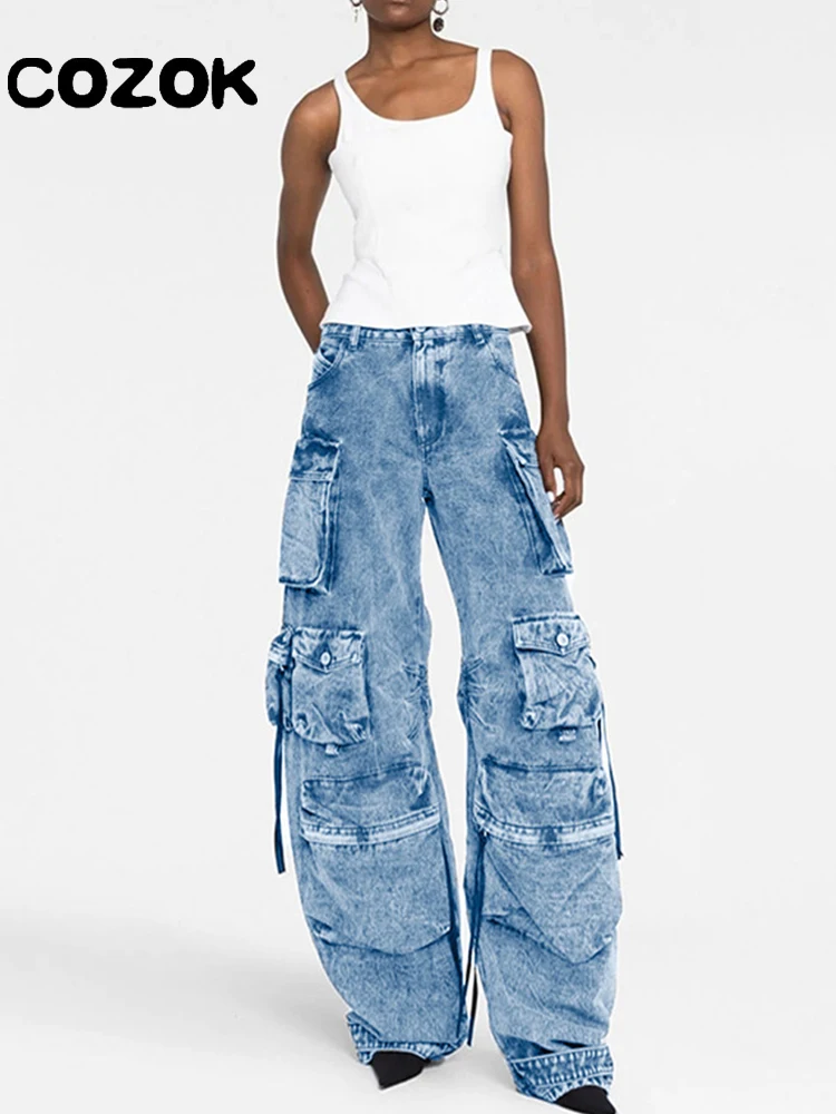 2023 Street Popular Denim Pants Women Cargo Pants Oversized Multi-Pocket High Waist Wide Leg Jeans Fashion Loose Mopping Pants