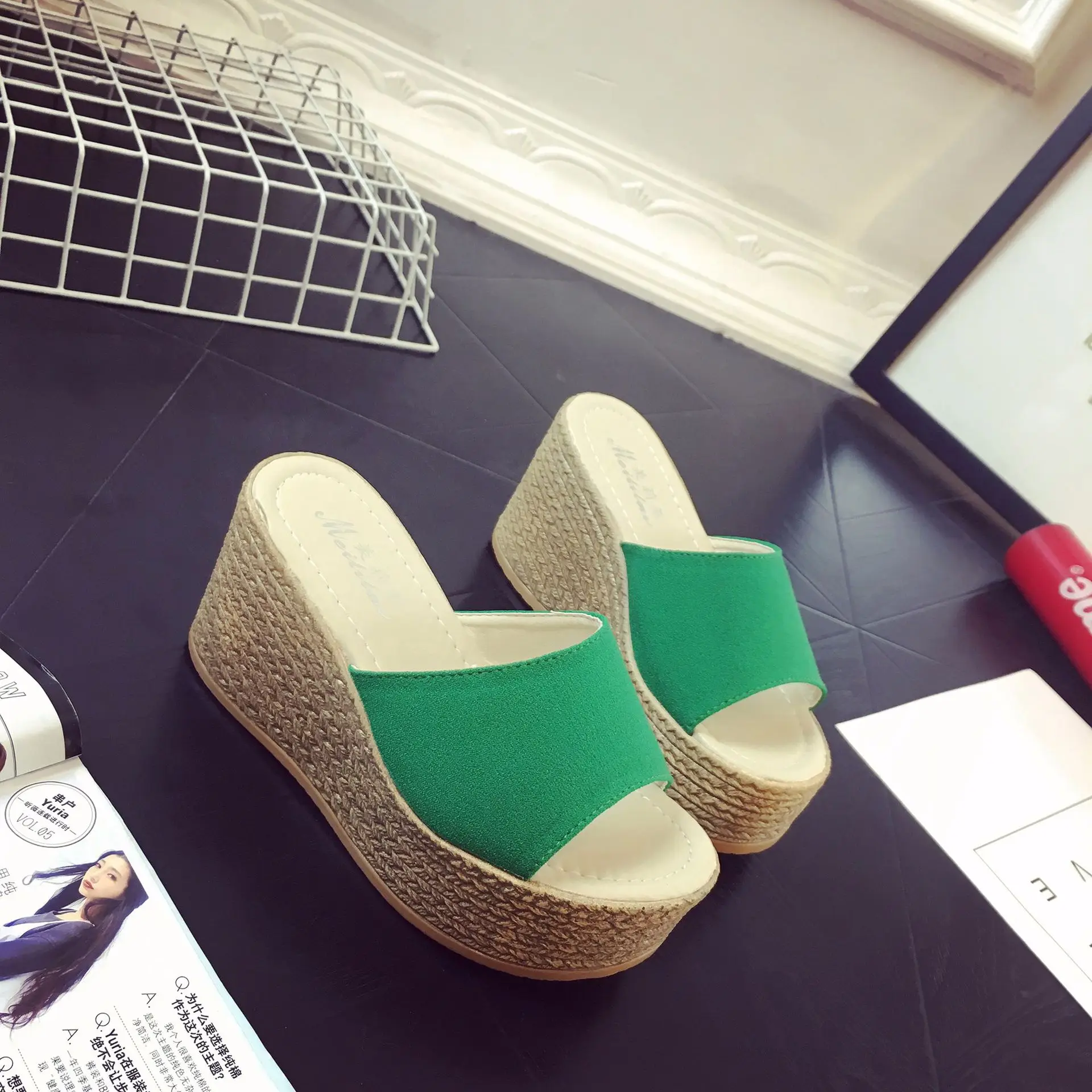 

Shoes Woman 2023 House Slippers Platform On A Wedge Low Shale Female Beach Flock Peep Toe Sabot Summer PU Hoof Heels Rome Basic