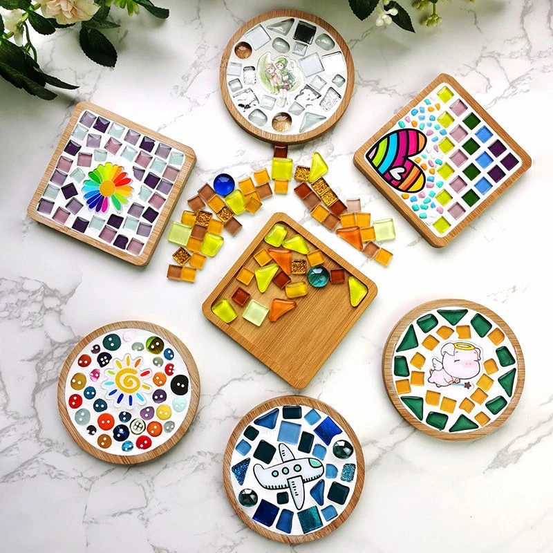DIY Mosaic Coaster Handmade Material Kit Bamboo Tableware Mat Creative Wooden Tray Kindergarten Children DIY Toy Craft Decor