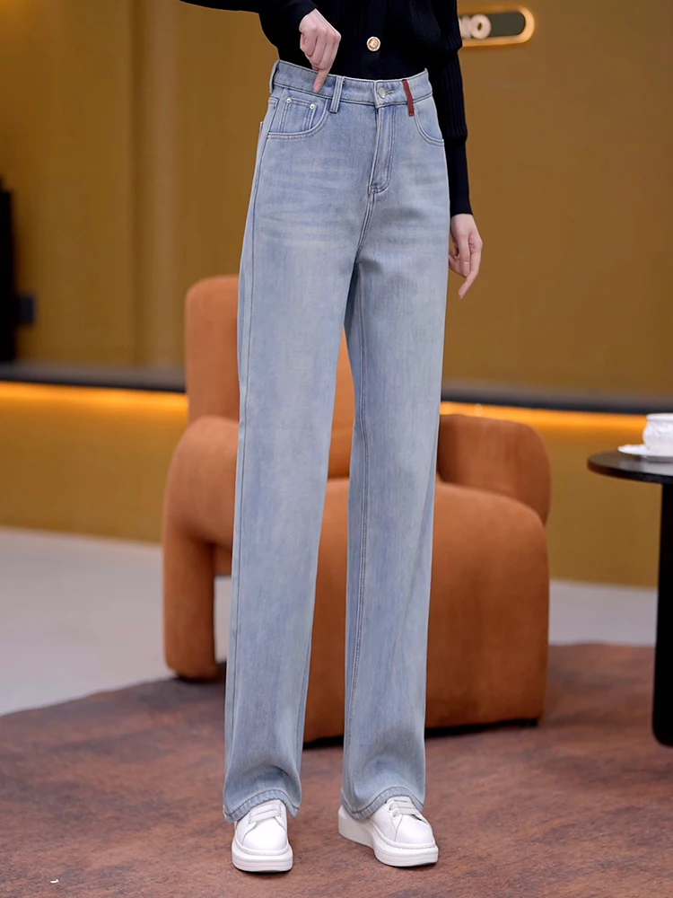 Большие размеры толстые широкие джинсы на флисовой подкладке женские зимние 2024