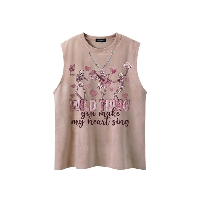 

High Street Hip Hop Skull Print Sleeveless Tshirts Women Grunge Vest Y2k Fashion American Tanks Tops Men Chains O Neck