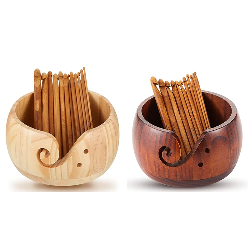 

Wooden Yarn Bowl,Wood Yarn Storage Bowl With 12Pcs Bamboo Crochet Hooks For Crocheting Knitting DIY Crafts Tools