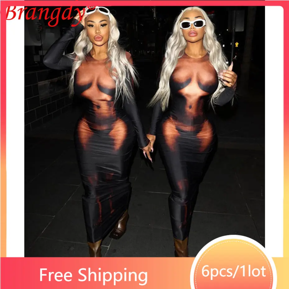 

Женское облегающее платье до щиколотки, с длинным рукавом и принтом, 6 шт.