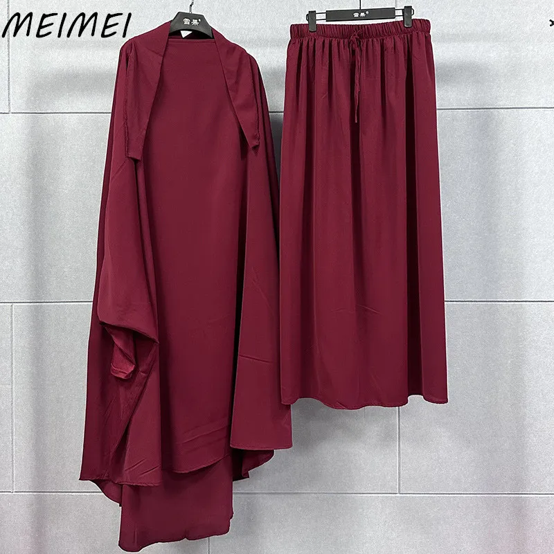 Solid Color Hooded Muslim Women Hijab Dress Eid  Ramadan Islamic Jilbeb 2 Piece Set Islamic  Long Dresses Muslim Saudi Robe