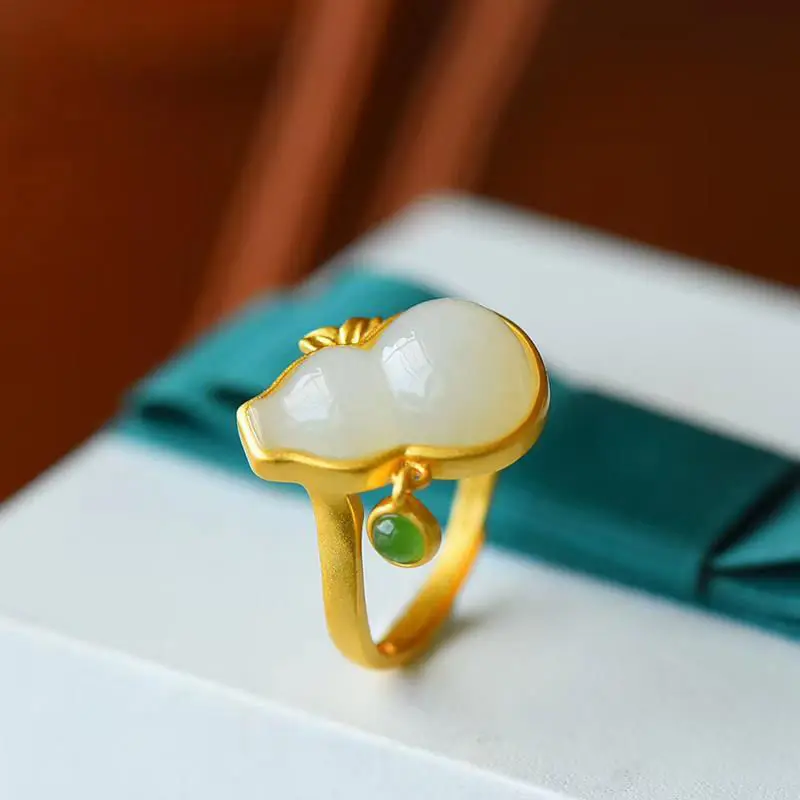 

Original new Hetian jade gourd jasper small water drop opening adjustable ring Chinese style retro charm brand silver jewelry